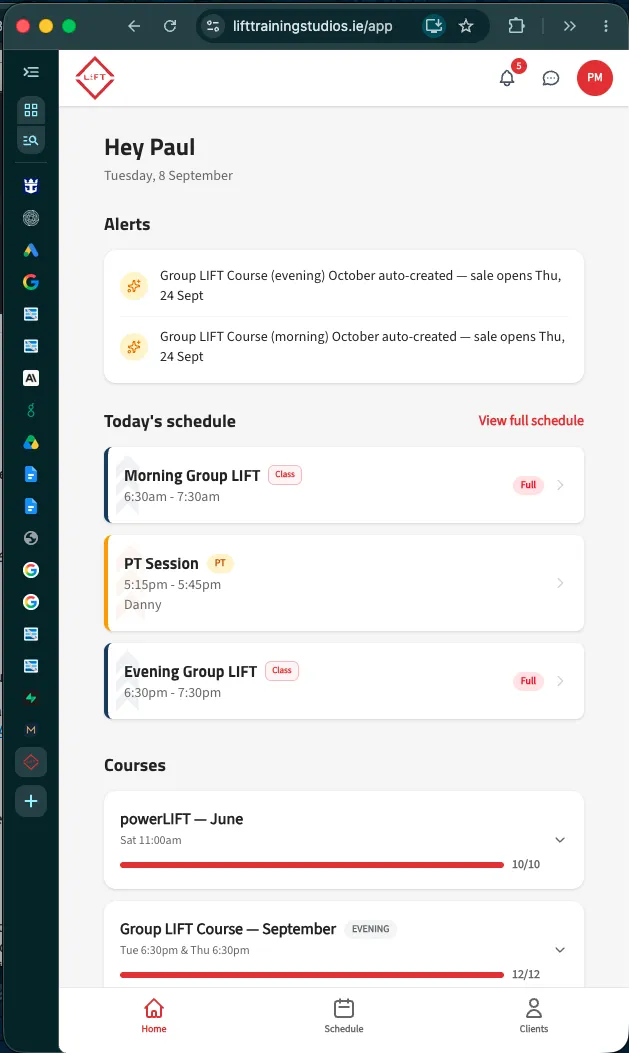 LIFT app dashboard showing class and personal training schedules, course availability and navigation.