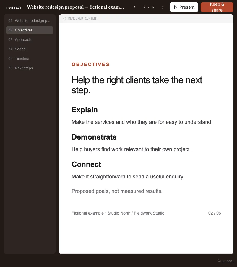 Renza document viewer showing a fictional website proposal, with slide navigation and presentation controls.