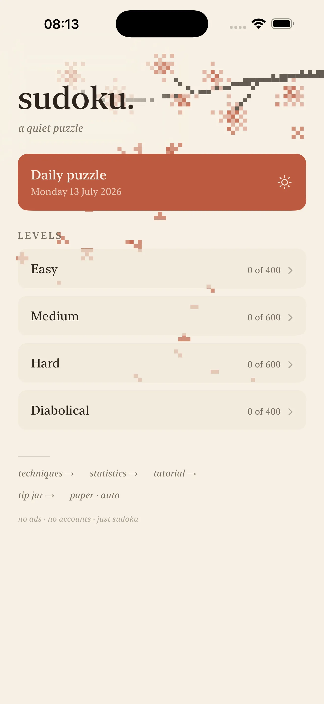 Blossom Sudoku home screen with the daily puzzle and four difficulty levels.
