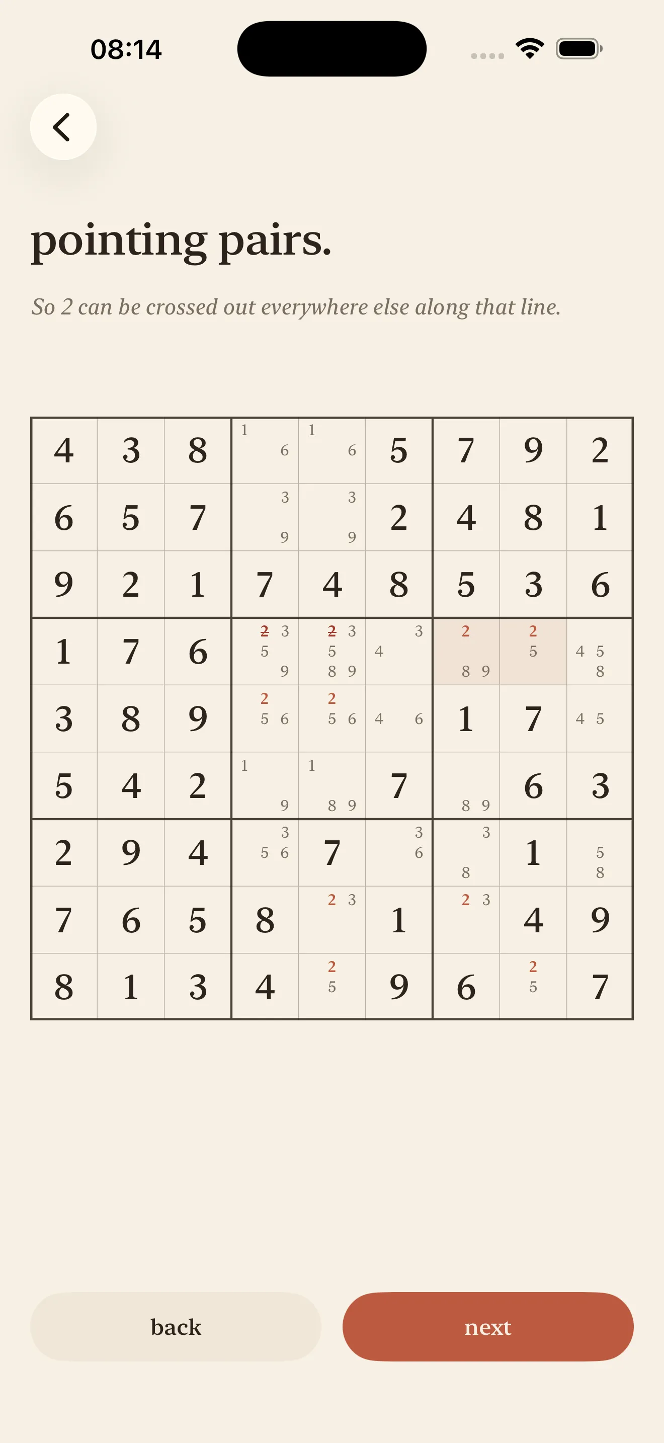 A guided pointing-pairs lesson showing which candidates can be eliminated.
