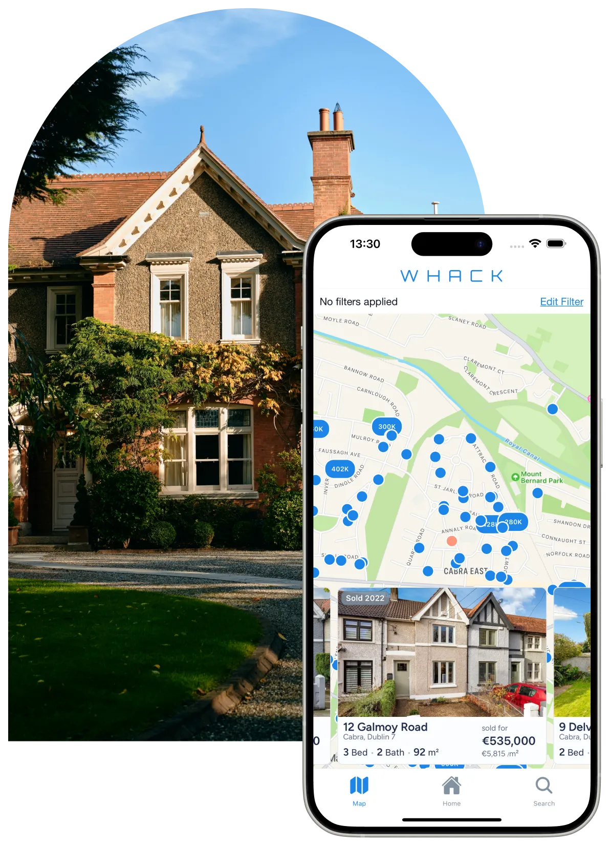 Whack’s map of recorded property sales in Cabra, with a property photo, sale price and floor area.